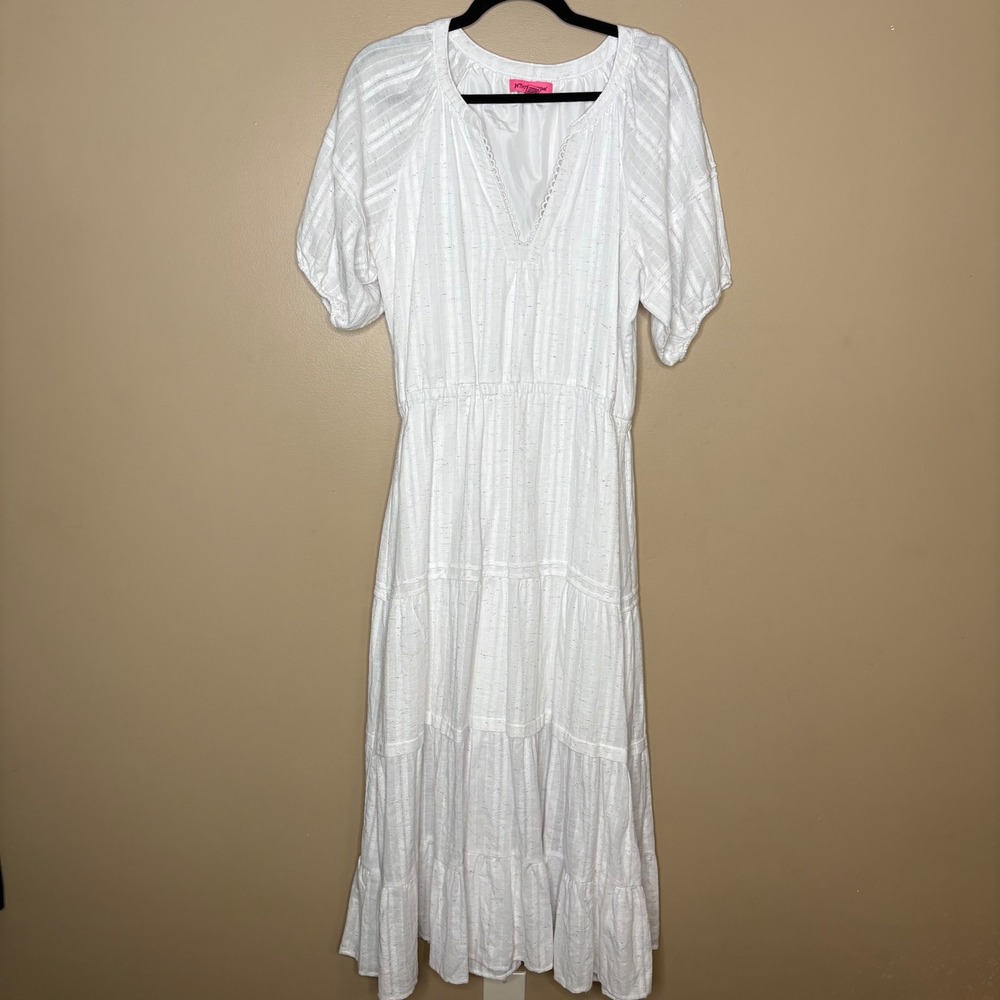 Betsey Johnson Dress Large Spectator White Cotton Tiered V-Neck Puff Sleeve